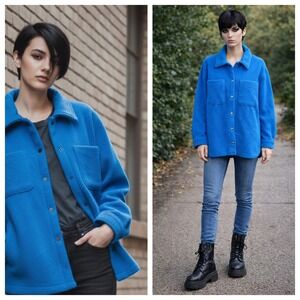 New Love Tree‎ Jacket Blue Teddy Brushed Sherpa Shacket Women Boxy Boyfrined Fit